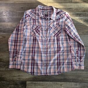Wrangler Wrancher Western Shirt Womens Pearl Snap Button Plaid Size L Blue Pink